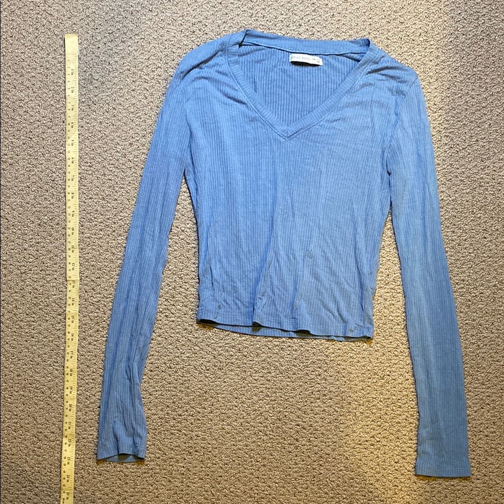 Blue Long Sleeve Fitted Ribbed Blouse